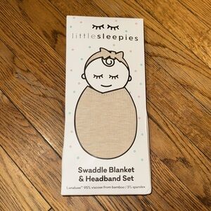 NEW little sleepies swaddle and headband bow set Heather oatmeal ribbed bamboo